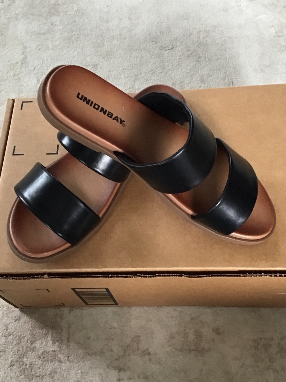 UNIONBAY Refresh Black Double-Strap Slide Sandals with Brown Footbed